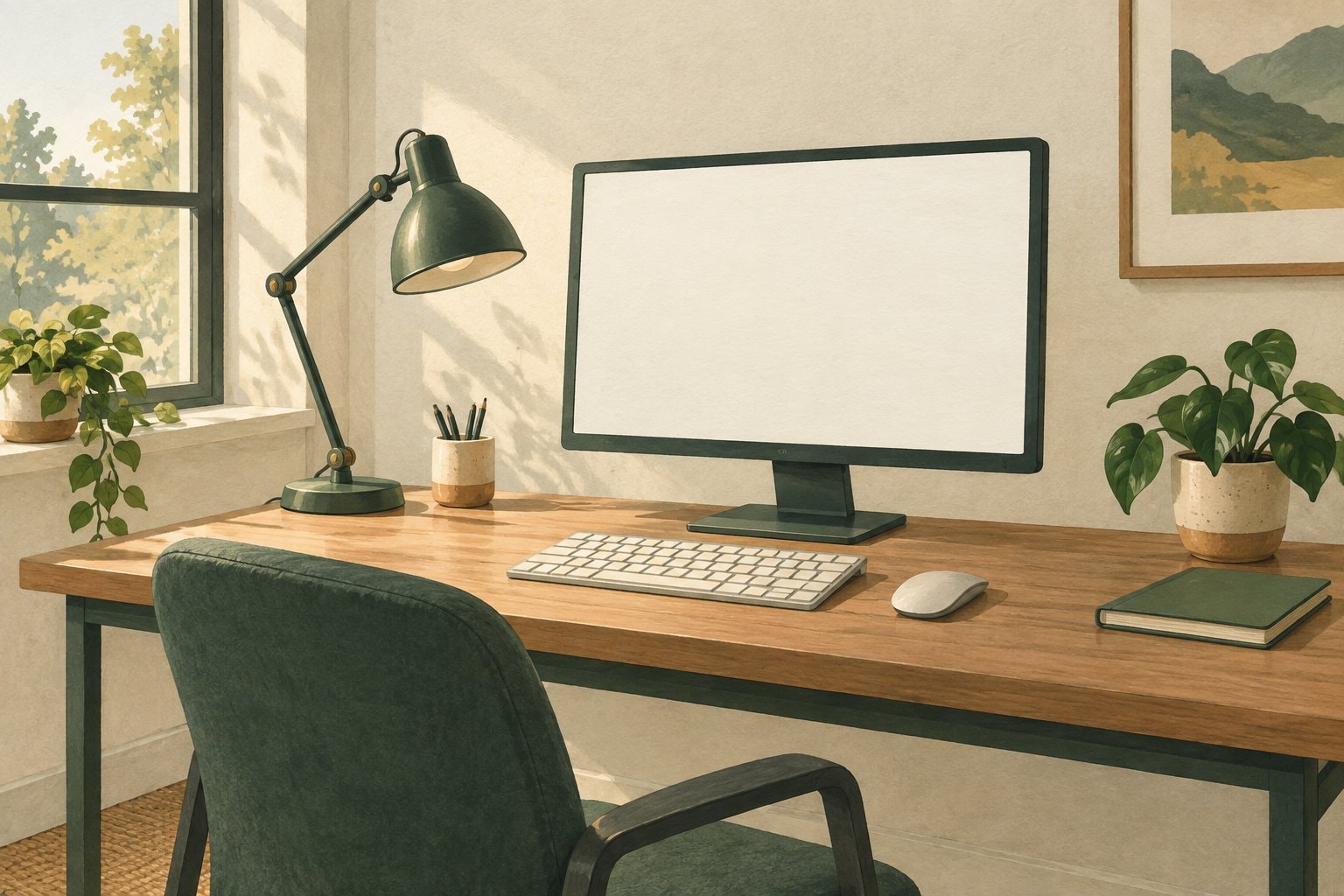 An unoccupied desk with a monitor, keyboard, chair, lamp and plant